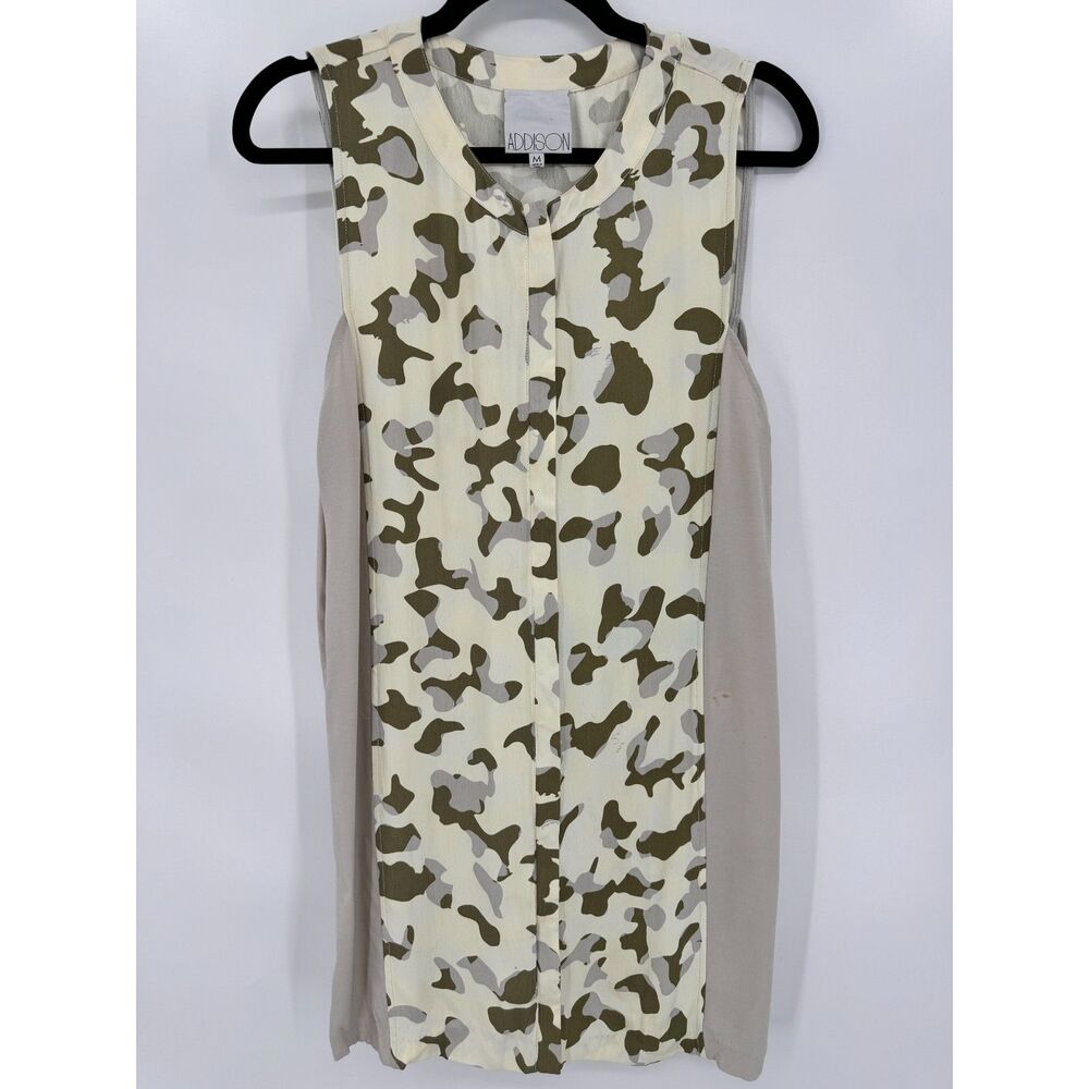 ADDISON Cream Green Camo Camouflage Sleeveless Mini Dress Size M